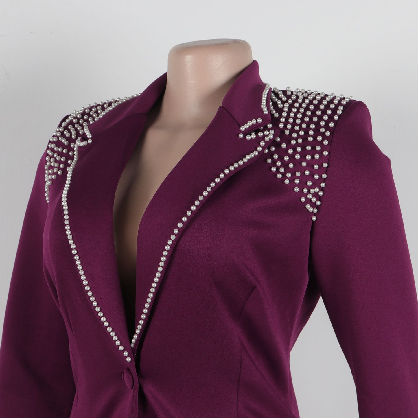 CM.YAYA Conjunto de dos piezas de chaqueta de manga larga y pantalón ancho para mujer, con empalme de perlas, para invierno y otoño de 2024