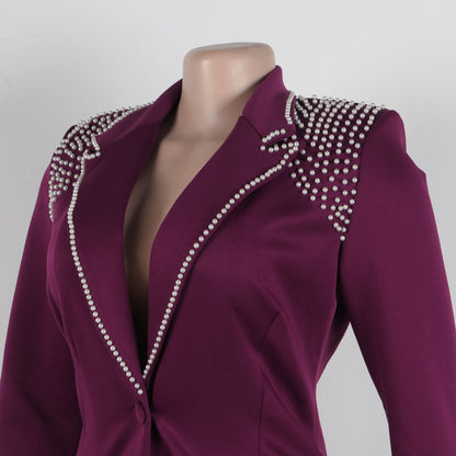 CM.YAYA Conjunto de dos piezas de chaqueta de manga larga y pantalón ancho para mujer, con empalme de perlas, para invierno y otoño de 2024