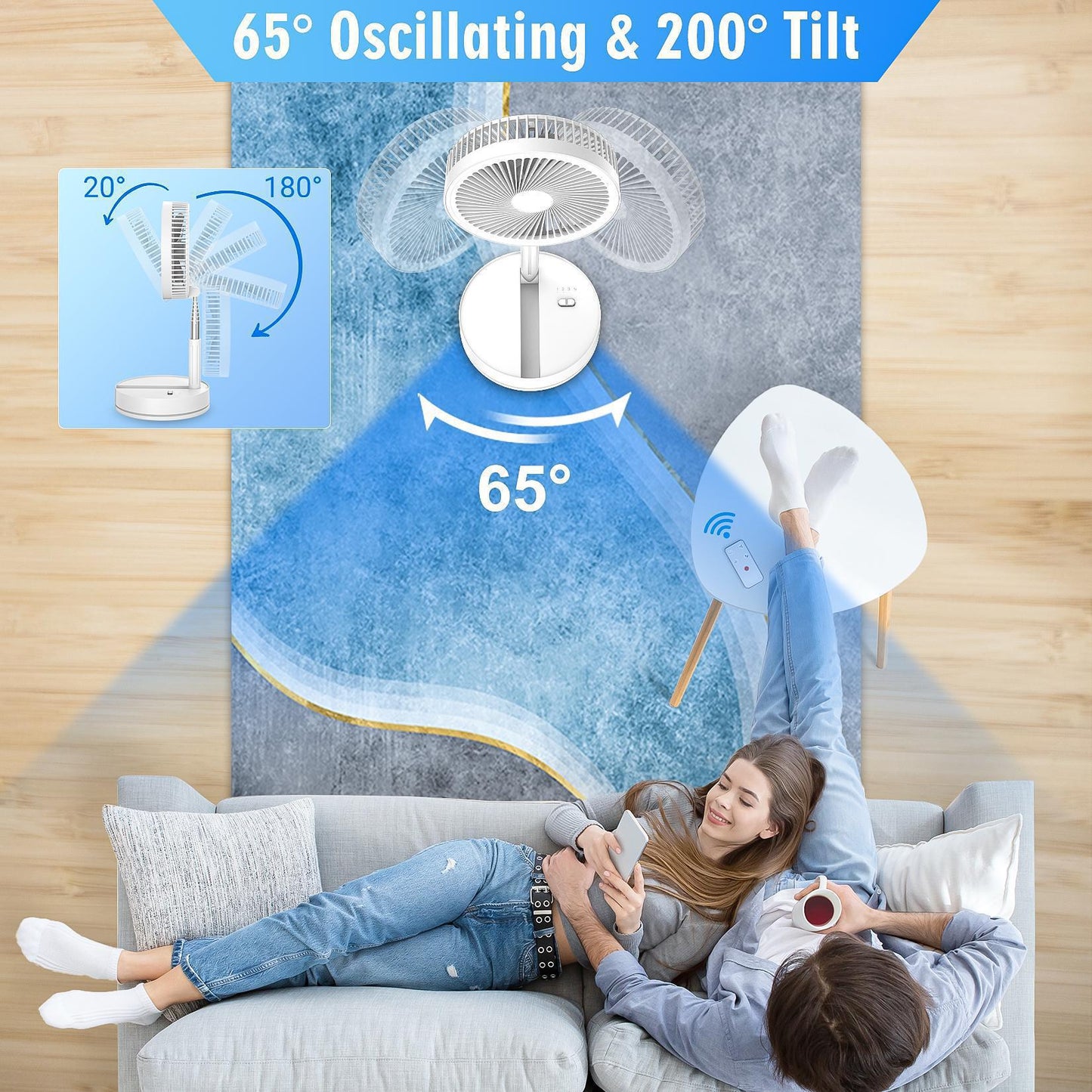 Wireless Folding Desk Fan Telescopic Outdoor Travel Camping Floor Low Noise Fan With 7200 mAh USB Rechargeable Fan  Standing Fan