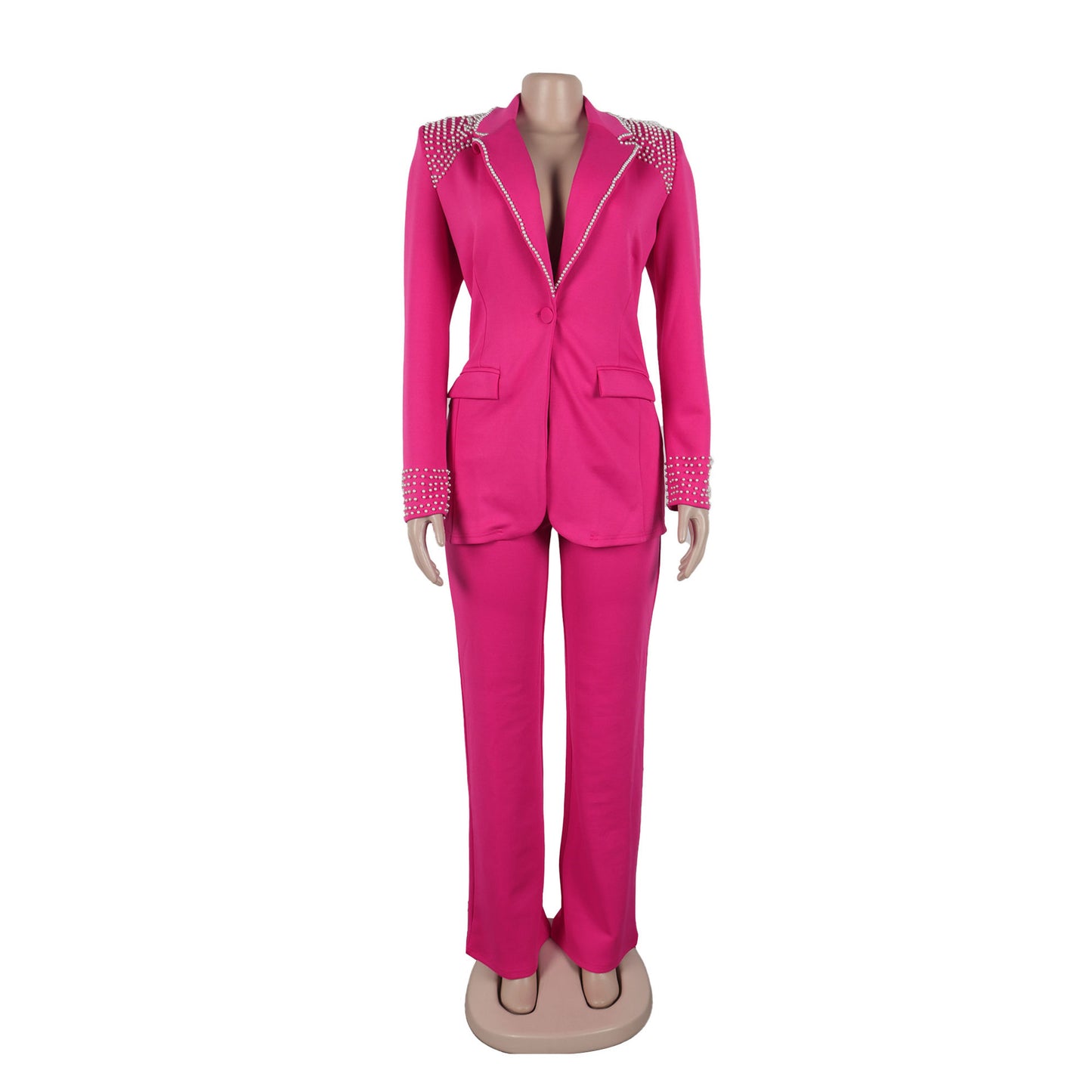 CM.YAYA Conjunto de dos piezas de chaqueta de manga larga y pantalón ancho para mujer, con empalme de perlas, para invierno y otoño de 2024
