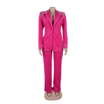 CM.YAYA Conjunto de dos piezas de chaqueta de manga larga y pantalón ancho para mujer, con empalme de perlas, para invierno y otoño de 2024