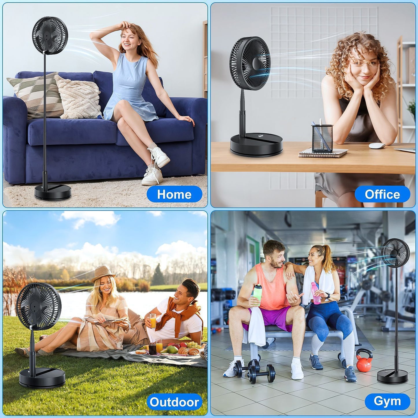 Wireless Folding Desk Fan Telescopic Outdoor Travel Camping Floor Low Noise Fan With 7200 mAh USB Rechargeable Fan  Standing Fan