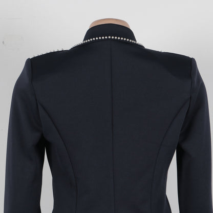 CM.YAYA Conjunto de dos piezas de chaqueta de manga larga y pantalón ancho para mujer, con empalme de perlas, para invierno y otoño de 2024