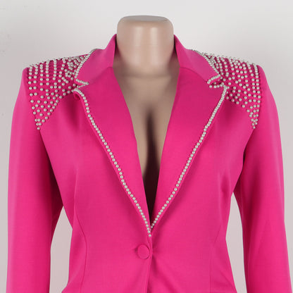 CM.YAYA Conjunto de dos piezas de chaqueta de manga larga y pantalón ancho para mujer, con empalme de perlas, para invierno y otoño de 2024