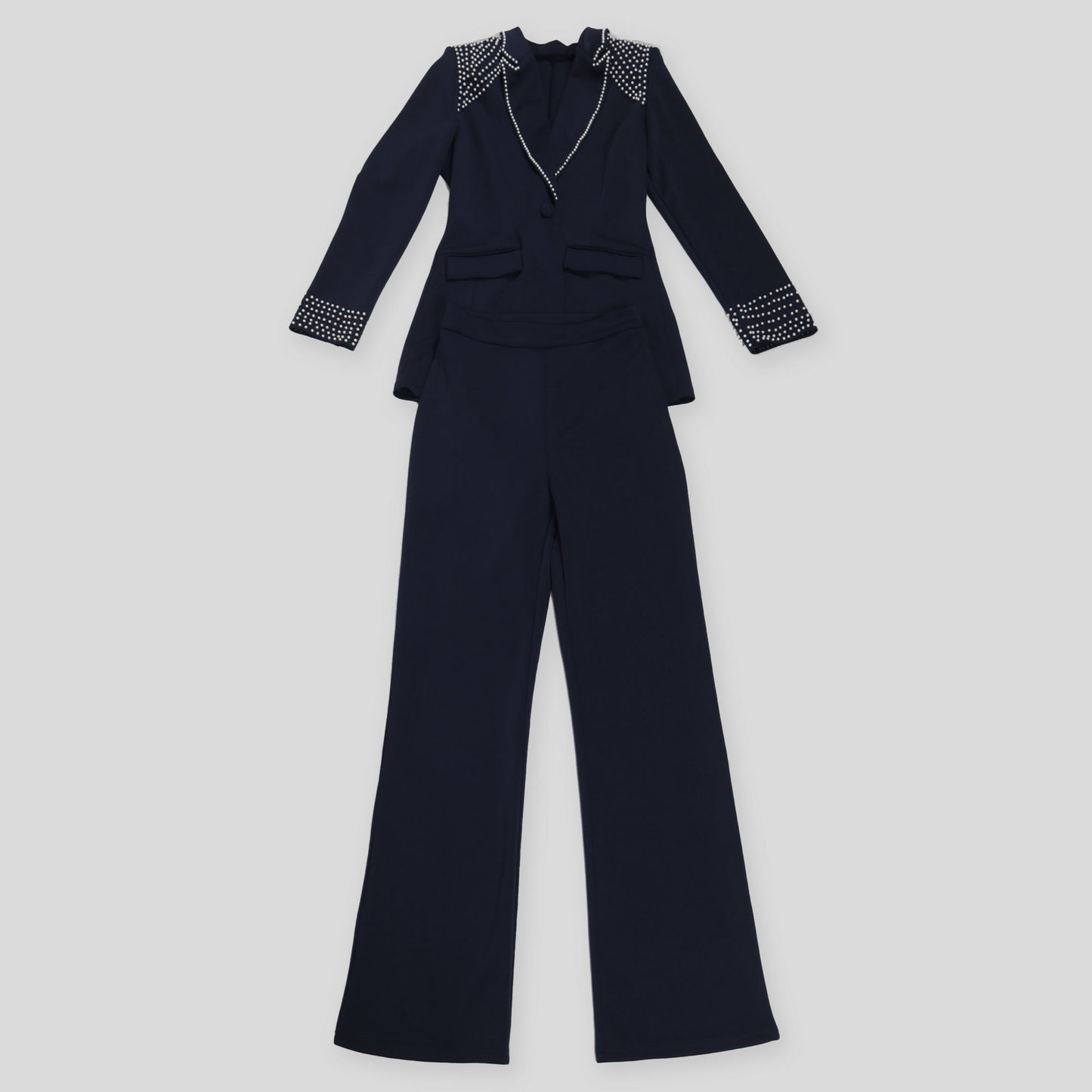CM.YAYA Conjunto de dos piezas de chaqueta de manga larga y pantalón ancho para mujer, con empalme de perlas, para invierno y otoño de 2024