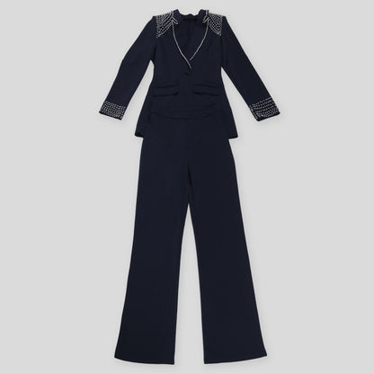 CM.YAYA Conjunto de dos piezas de chaqueta de manga larga y pantalón ancho para mujer, con empalme de perlas, para invierno y otoño de 2024