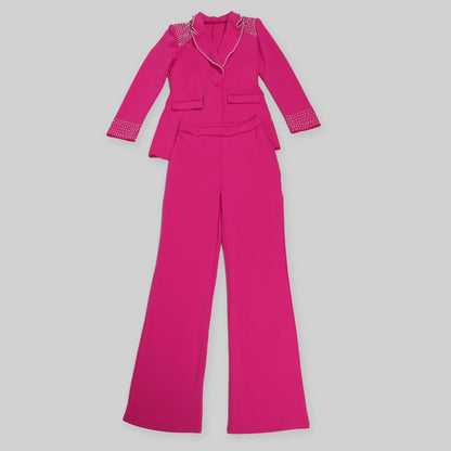 CM.YAYA Conjunto de dos piezas de chaqueta de manga larga y pantalón ancho para mujer, con empalme de perlas, para invierno y otoño de 2024