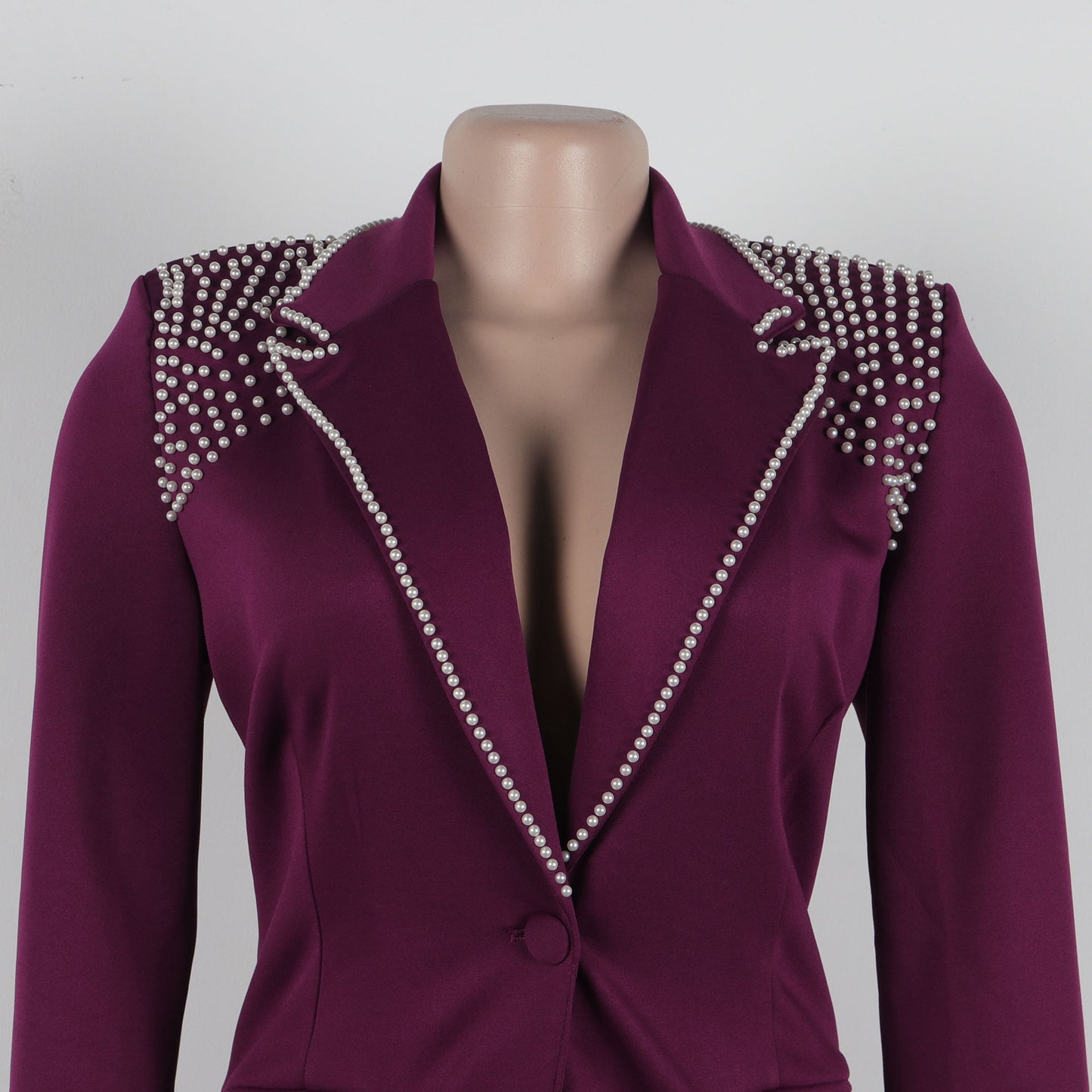 CM.YAYA Conjunto de dos piezas de chaqueta de manga larga y pantalón ancho para mujer, con empalme de perlas, para invierno y otoño de 2024