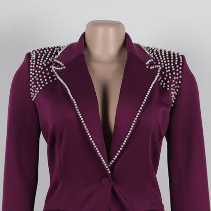 CM.YAYA Conjunto de dos piezas de chaqueta de manga larga y pantalón ancho para mujer, con empalme de perlas, para invierno y otoño de 2024