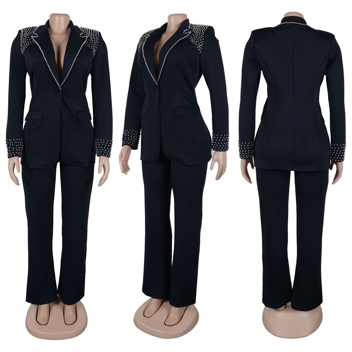 CM.YAYA Conjunto de dos piezas de chaqueta de manga larga y pantalón ancho para mujer, con empalme de perlas, para invierno y otoño de 2024