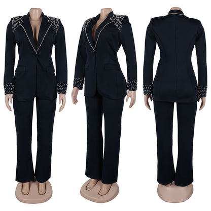 CM.YAYA Conjunto de dos piezas de chaqueta de manga larga y pantalón ancho para mujer, con empalme de perlas, para invierno y otoño de 2024