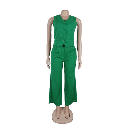 CM.YAYA Street Women's Set Sleeveless Button Fly Vest Shirt and Wide Leg Pants Elegant 2024 Fall Fashion Two 2-Piece Set Outfits