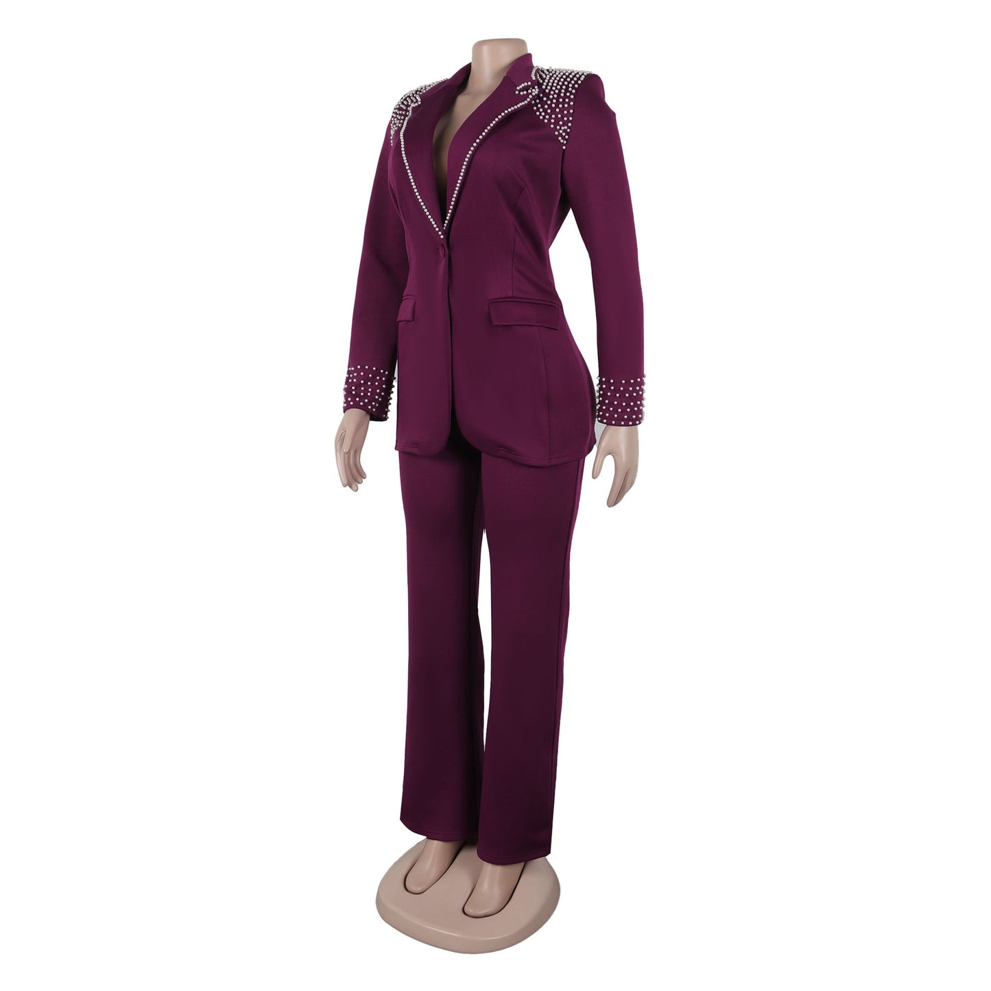 CM.YAYA Conjunto de dos piezas de chaqueta de manga larga y pantalón ancho para mujer, con empalme de perlas, para invierno y otoño de 2024