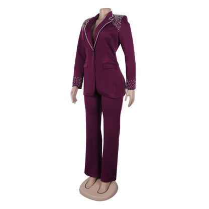 CM.YAYA Conjunto de dos piezas de chaqueta de manga larga y pantalón ancho para mujer, con empalme de perlas, para invierno y otoño de 2024