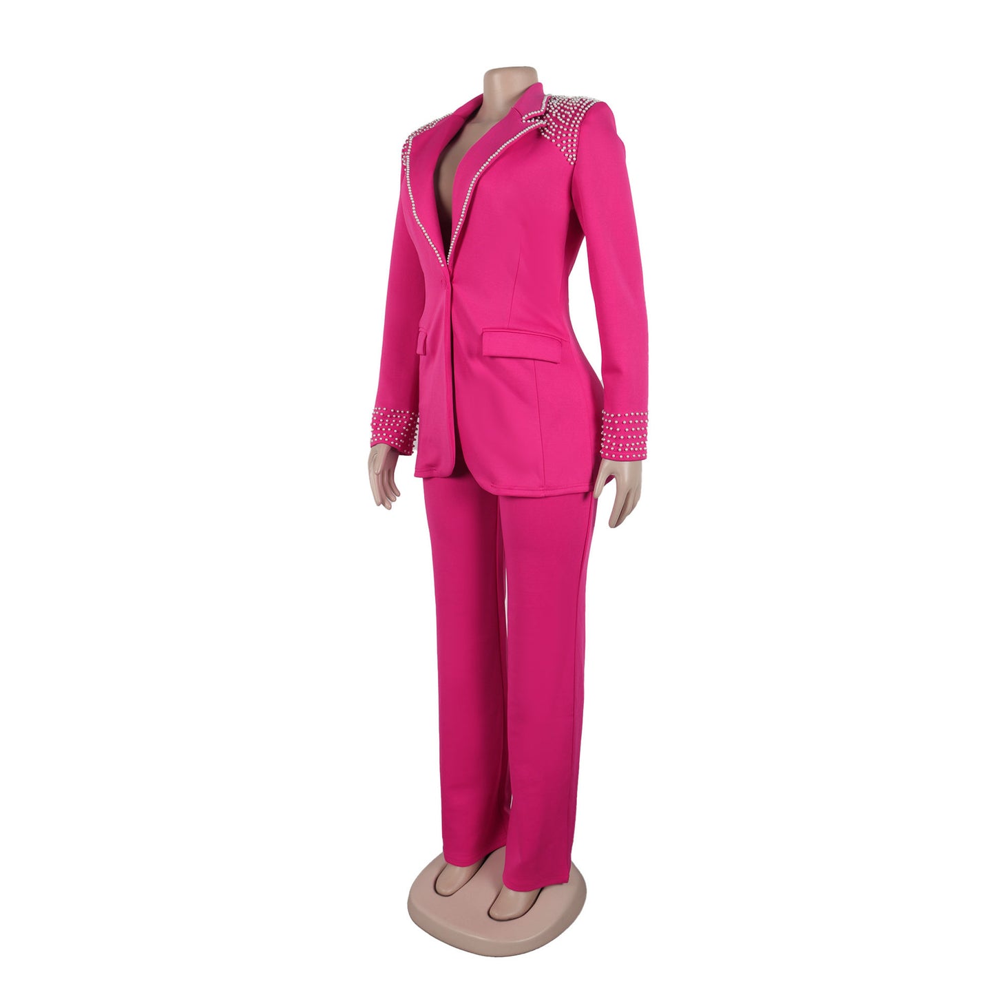 CM.YAYA Conjunto de dos piezas de chaqueta de manga larga y pantalón ancho para mujer, con empalme de perlas, para invierno y otoño de 2024