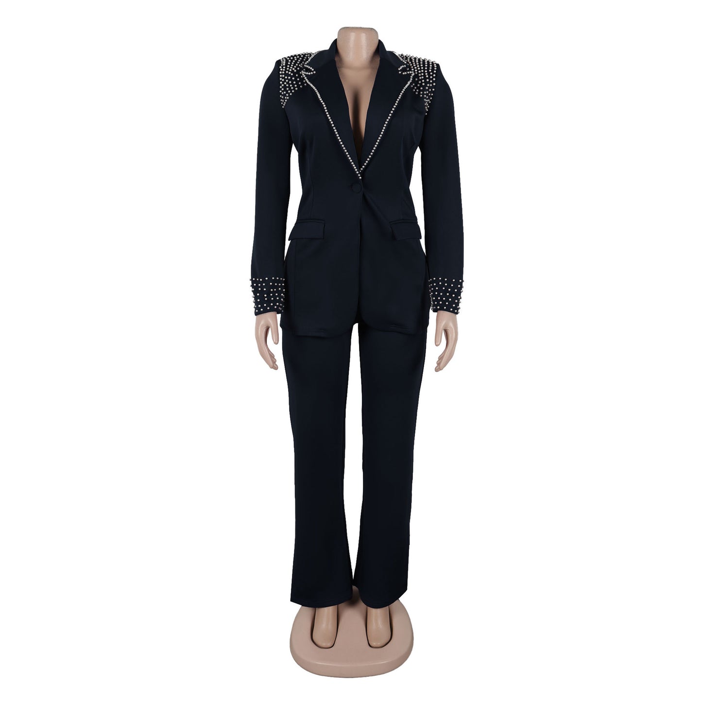 CM.YAYA Conjunto de dos piezas de chaqueta de manga larga y pantalón ancho para mujer, con empalme de perlas, para invierno y otoño de 2024