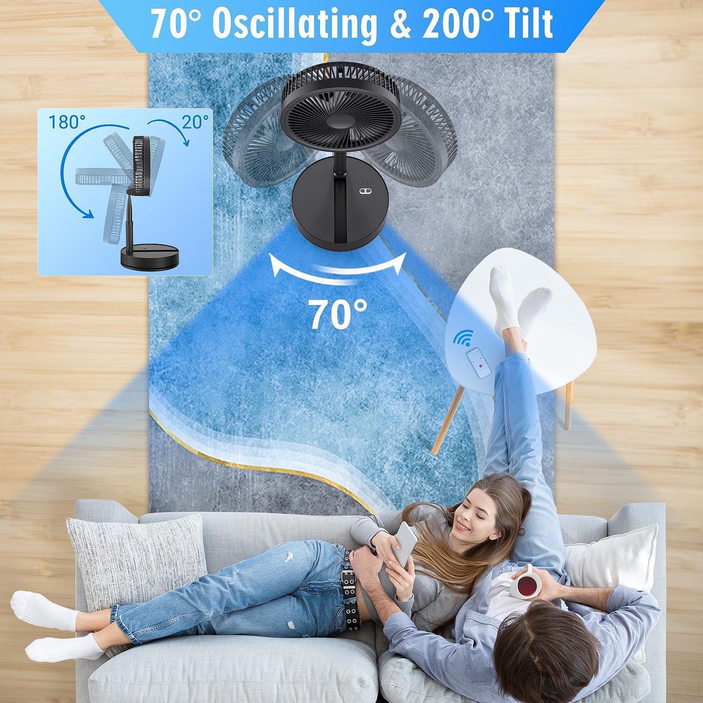Wireless Folding Desk Fan Telescopic Outdoor Travel Camping Floor Low Noise Fan With 7200 mAh USB Rechargeable Fan  Standing Fan