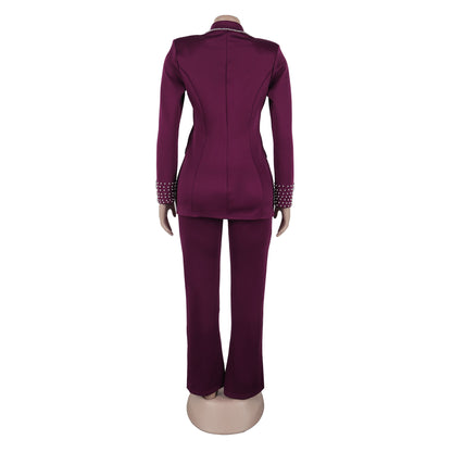 CM.YAYA Conjunto de dos piezas de chaqueta de manga larga y pantalón ancho para mujer, con empalme de perlas, para invierno y otoño de 2024