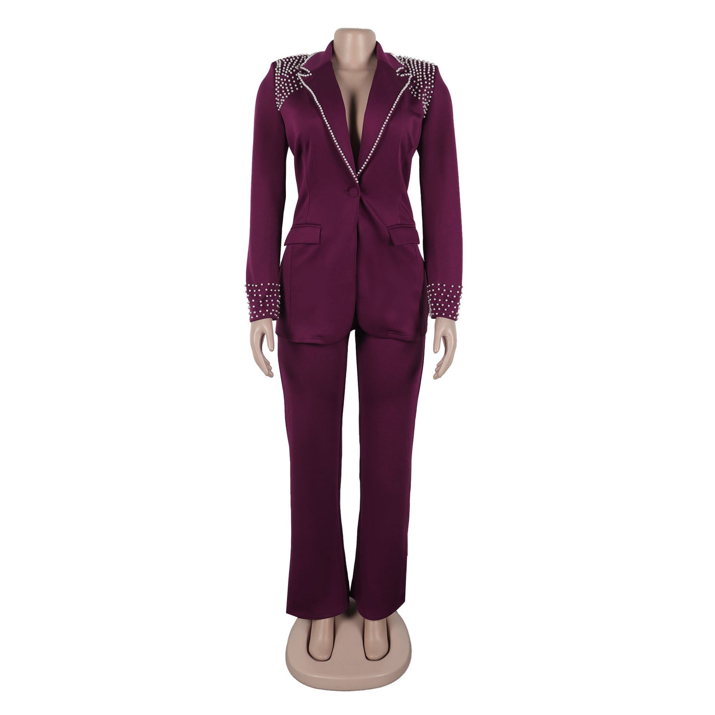 CM.YAYA Conjunto de dos piezas de chaqueta de manga larga y pantalón ancho para mujer, con empalme de perlas, para invierno y otoño de 2024