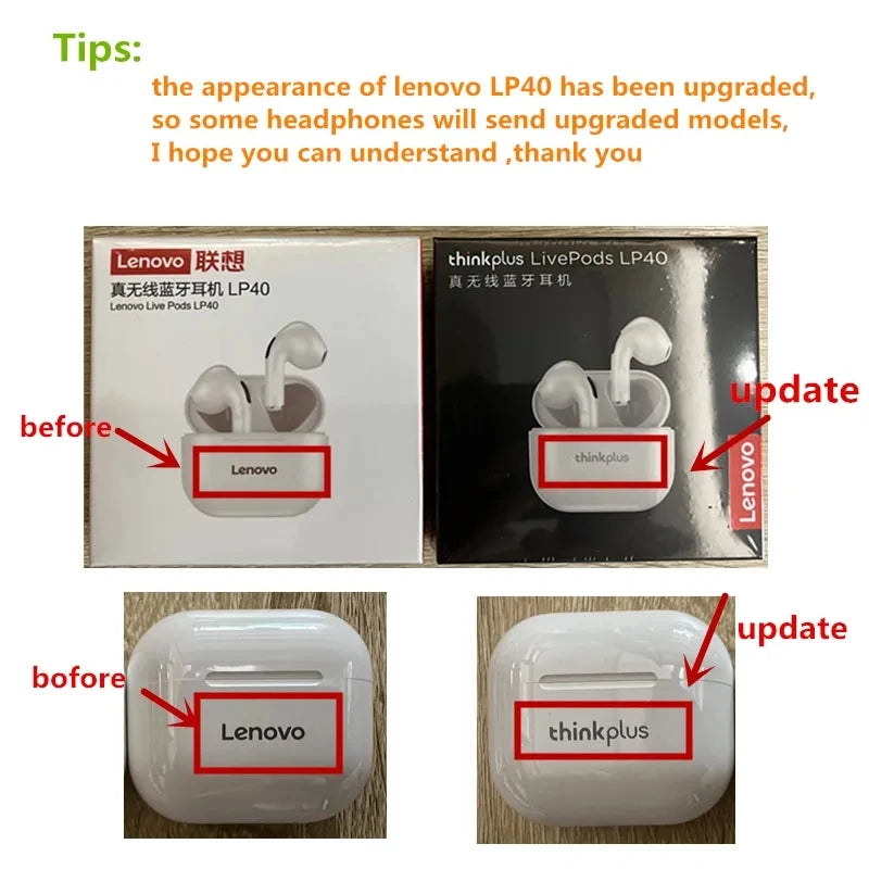 Original Lenovo LP40 Bluetooth Earphone 5.0 HiFi Immersive Sound TWS with Mic Touch Control for Long Standby Time Motion 
