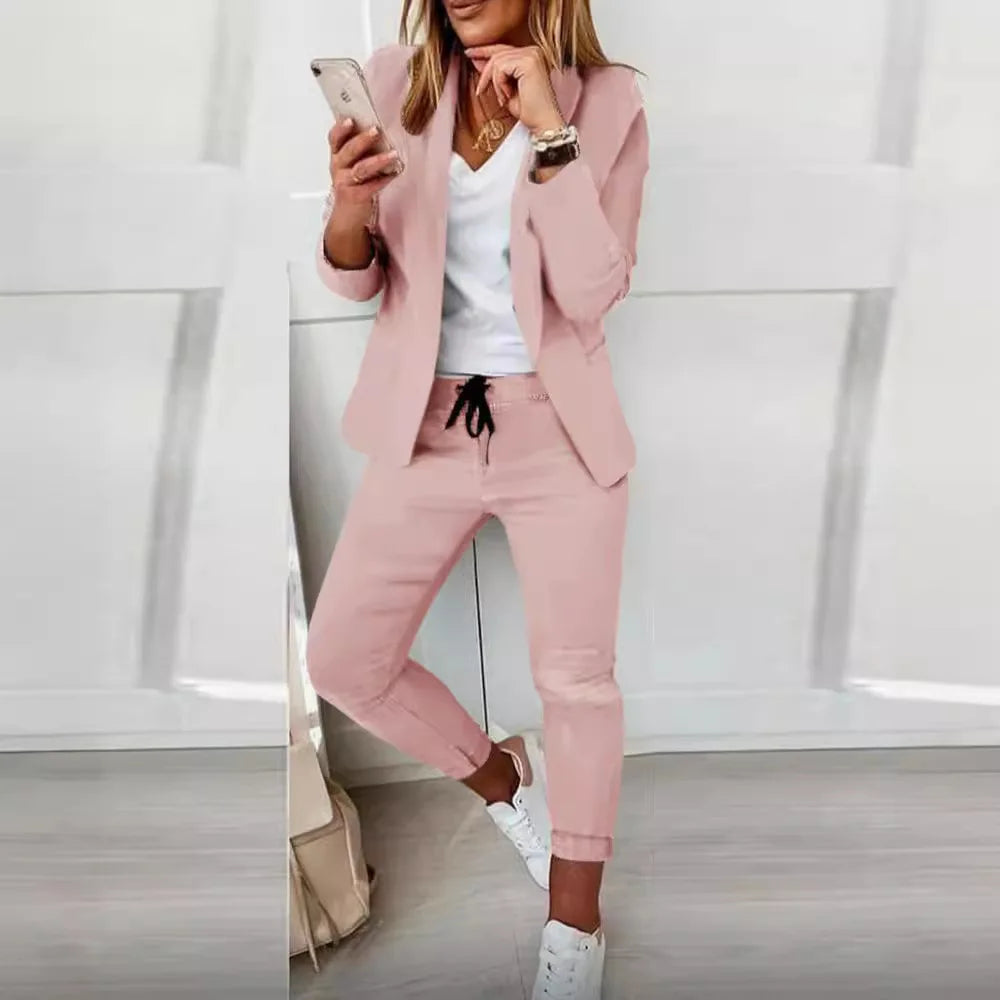 Autumn Winter Blazer Pants Two Piece Set Women Fashion Solid Long Sleeve Suit Coat Outfits Fashion Casual Pencil Pant Sets 