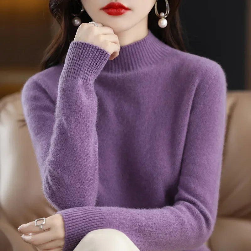 Autumn Winter Women Sweater Korean Fashion Warm Bottoming Shirts Half Turtleneck Basic Knitwear Solid Long Sleeve Pullovers 