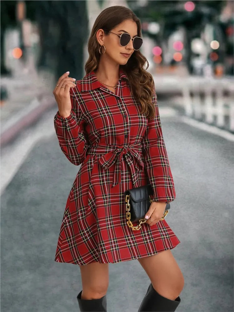 Autumn Winter Women New Fashion Lantern Sleeve Strap Waist Printed Pattern Single Breasted Shirt Casual Dress 