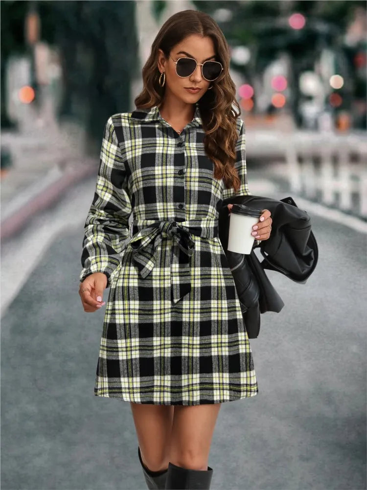 Autumn Winter Women New Fashion Lantern Sleeve Strap Waist Printed Pattern Single Breasted Shirt Casual Dress 