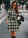 Autumn Winter Women New Fashion Lantern Sleeve Strap Waist Printed Pattern Single Breasted Shirt Casual Dress 