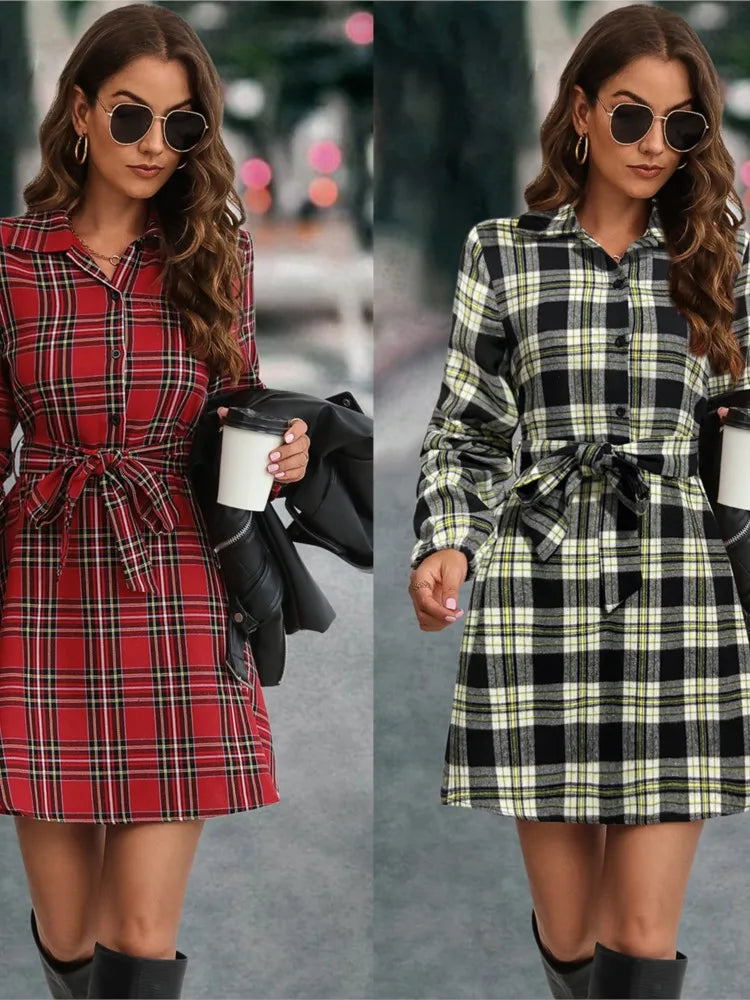 Autumn Winter Women New Fashion Lantern Sleeve Strap Waist Printed Pattern Single Breasted Shirt Casual Dress 