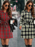 Autumn Winter Women New Fashion Lantern Sleeve Strap Waist Printed Pattern Single Breasted Shirt Casual Dress 