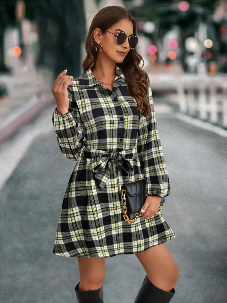 Autumn Winter Women New Fashion Lantern Sleeve Strap Waist Printed Pattern Single Breasted Shirt Casual Dress 