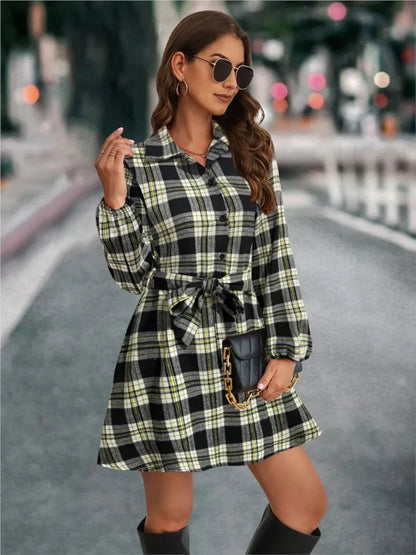 Outono inverno feminino nova moda lanterna manga cinta cintura padrão impresso único breasted camisa vestido casual