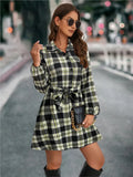 Autumn Winter Women New Fashion Lantern Sleeve Strap Waist Printed Pattern Single Breasted Shirt Casual Dress 