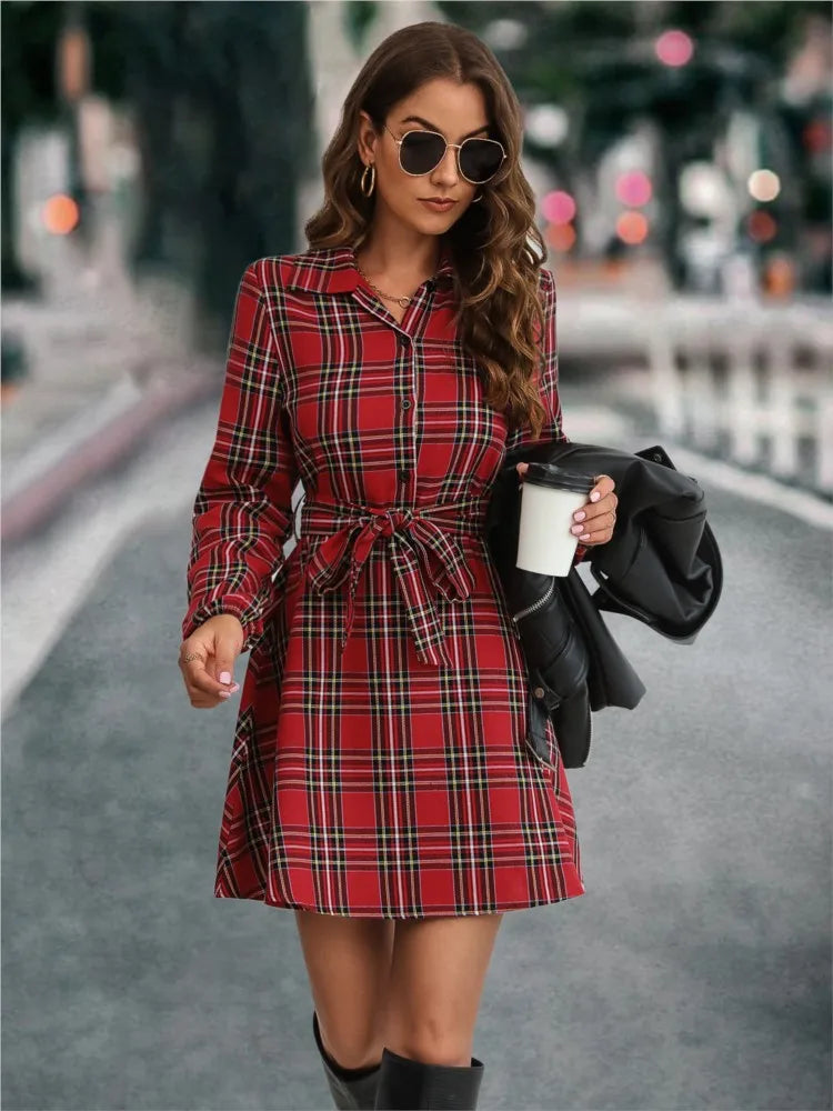 Autumn Winter Women New Fashion Lantern Sleeve Strap Waist Printed Pattern Single Breasted Shirt Casual Dress 