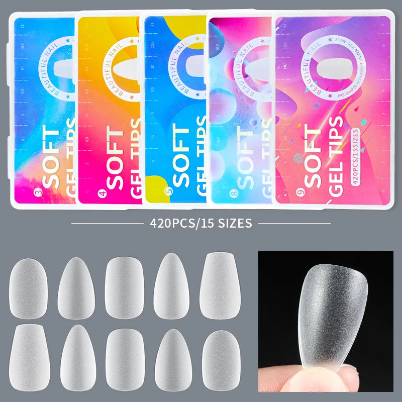 PINPAI-Matte Nails, Almond Coffin Nail Tips, Full Cover, Matte Artificial Nail, Soft Gel Tips, T Shape, 420Pcs 