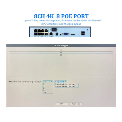 POE NVR Surveillance Video Recorder, 4K, 4CH, 8MP, 5MP, 4MP, Câmera de Segurança IP, Áudio, Saída de Entrada, Saída, Detecção de Rosto