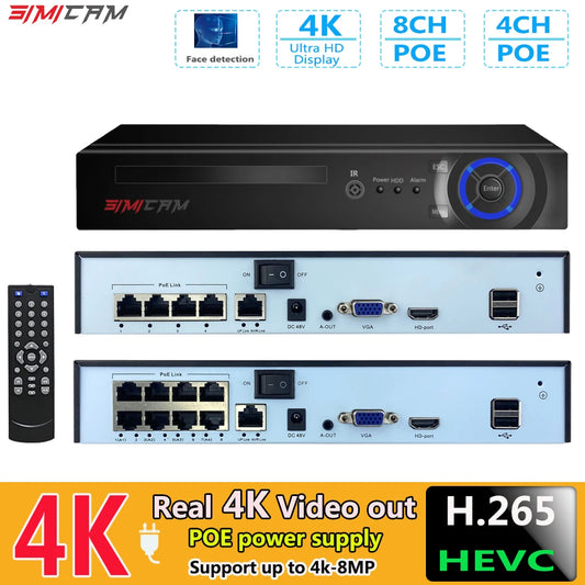 Grabador de videovigilancia NVR POE, 4K, 4 canales, 8 MP, 5 MP, 4 MP, cámara de seguridad IP, audio, entrada y salida, detección facial 