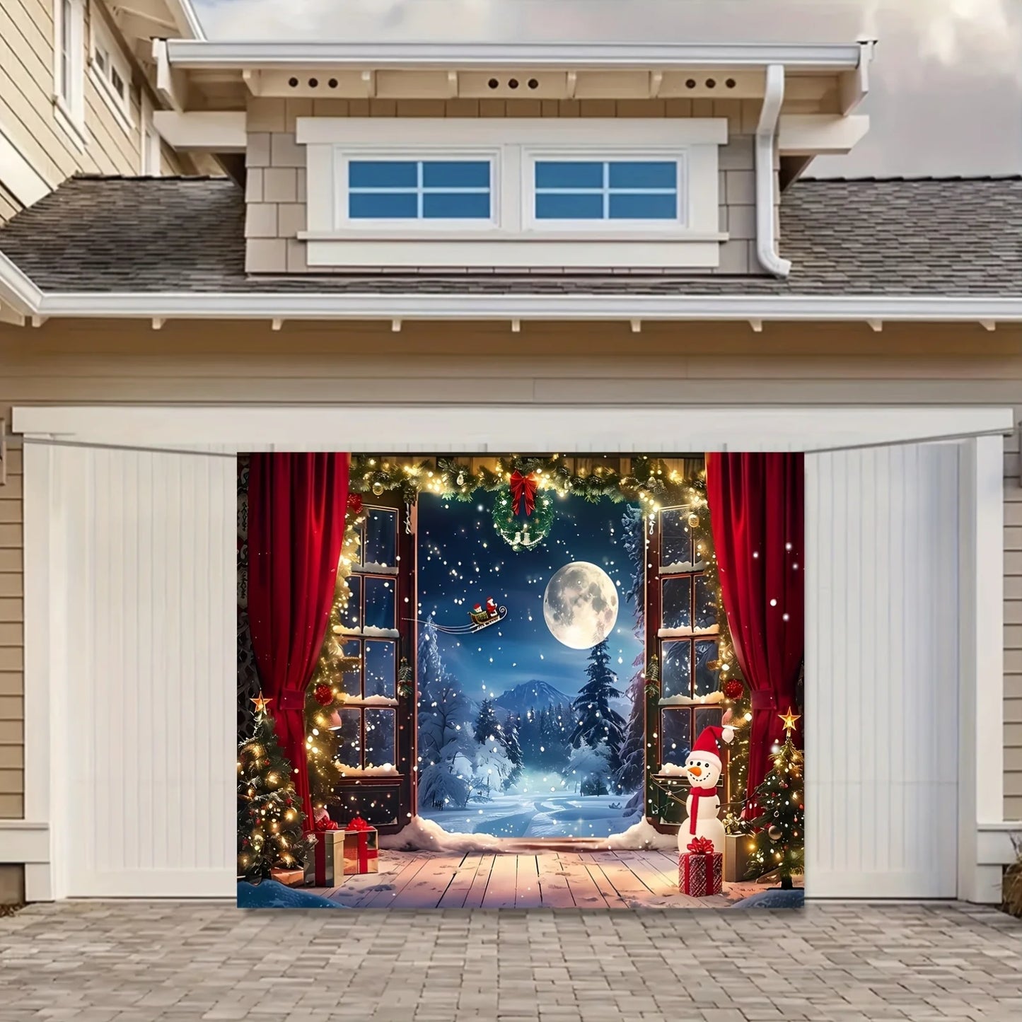 Pano do fundo do Natal, árvore de Natal, Santa Claus, neve e lua, cena noturna, bandeira da fotografia