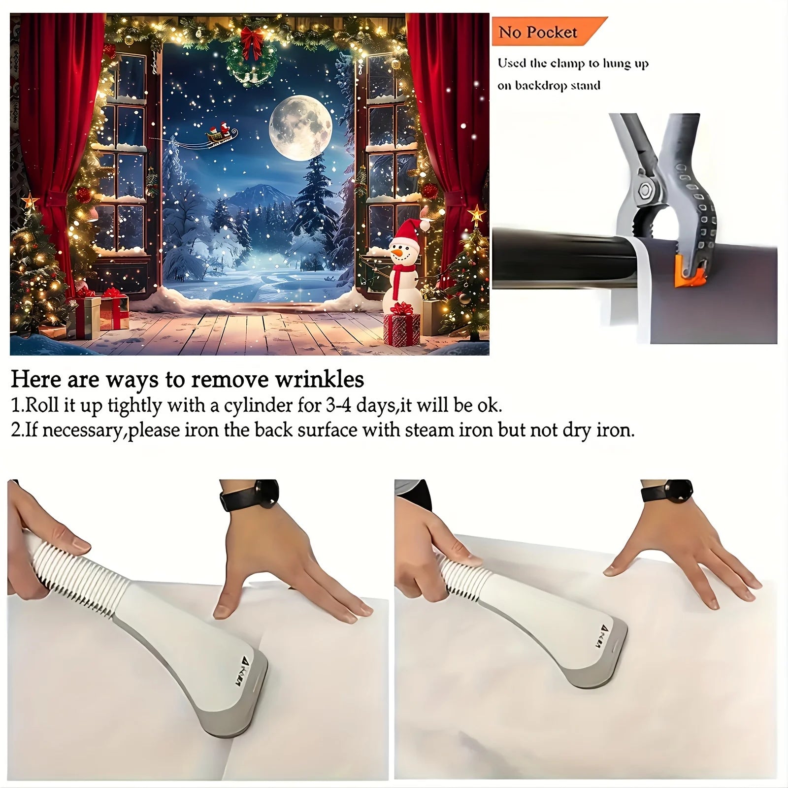 Fondo navideño, árbol de Navidad, Papá Noel, nieve y luna, escena nocturna, pancarta de fotografía 