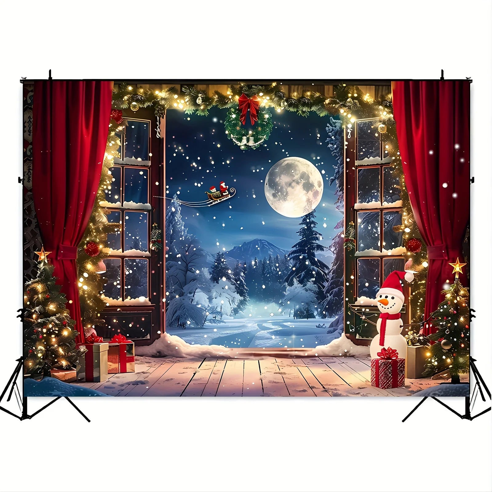 Fondo navideño, árbol de Navidad, Papá Noel, nieve y luna, escena nocturna, pancarta de fotografía 