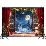 Fondo navideño, árbol de Navidad, Papá Noel, nieve y luna, escena nocturna, pancarta de fotografía 