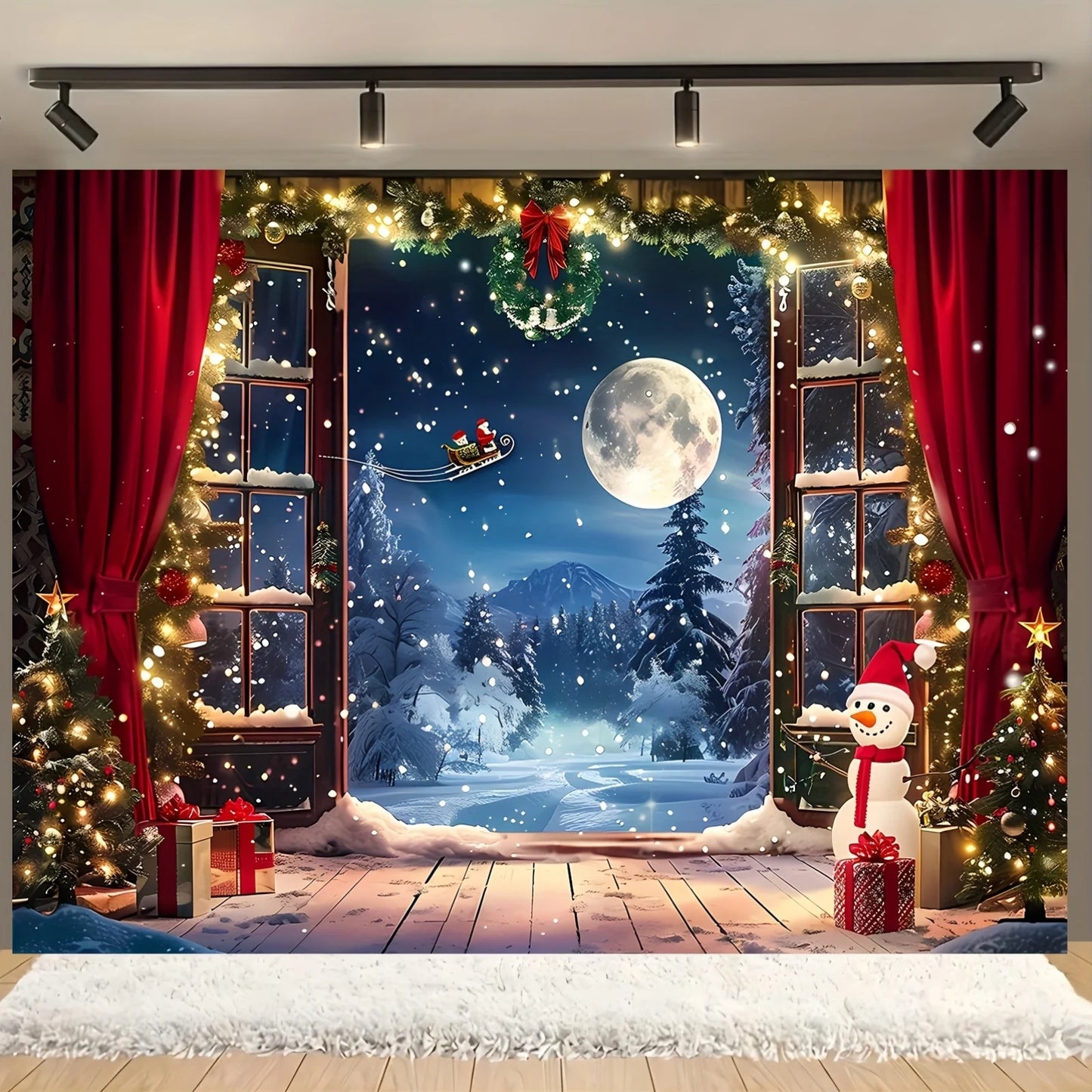 Pano do fundo do Natal, árvore de Natal, Santa Claus, neve e lua, cena noturna, bandeira da fotografia