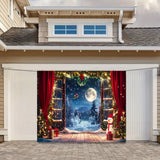Fondo navideño, árbol de Navidad, Papá Noel, nieve y luna, escena nocturna, pancarta de fotografía 