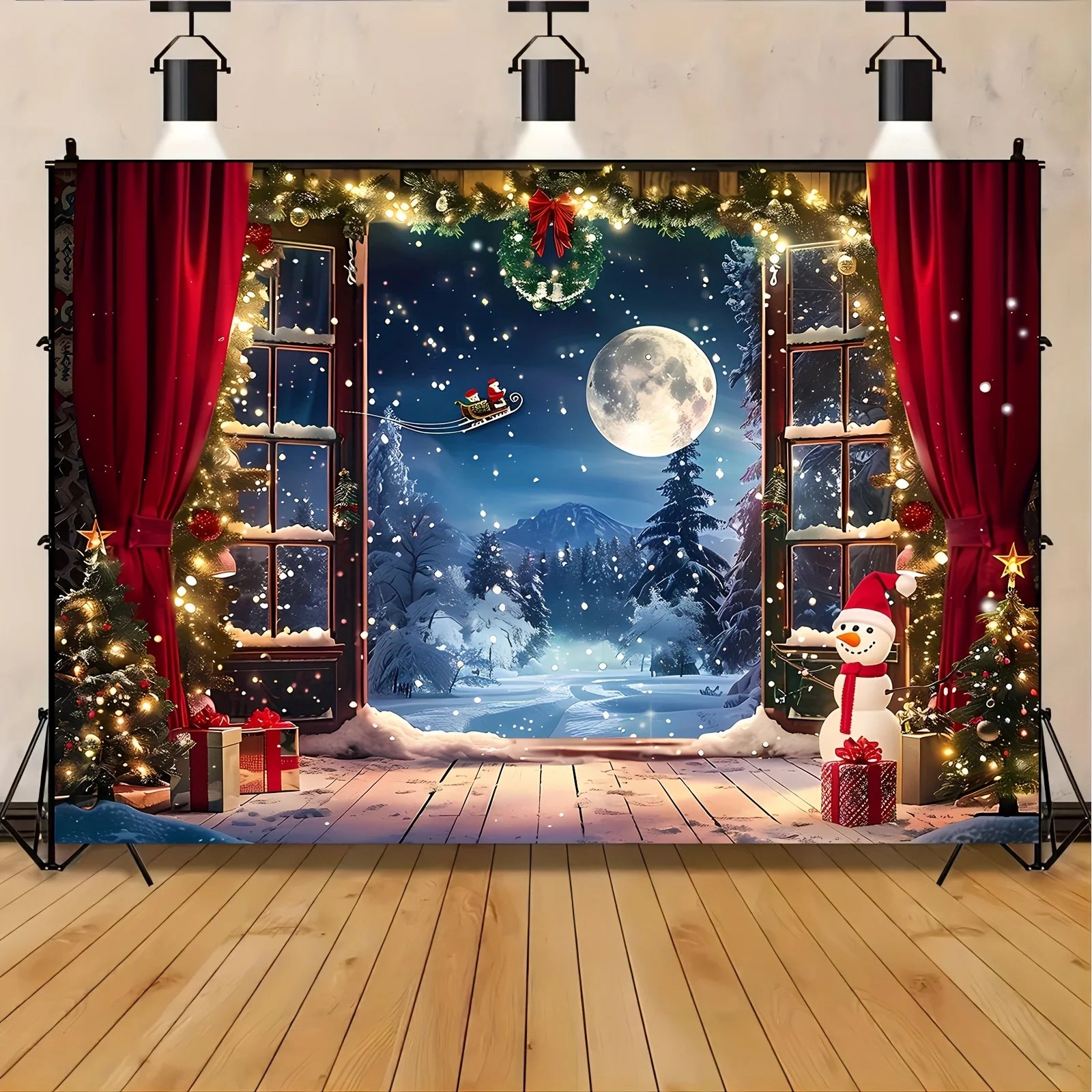 Fondo navideño, árbol de Navidad, Papá Noel, nieve y luna, escena nocturna, pancarta de fotografía 
