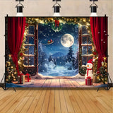 Fondo navideño, árbol de Navidad, Papá Noel, nieve y luna, escena nocturna, pancarta de fotografía 