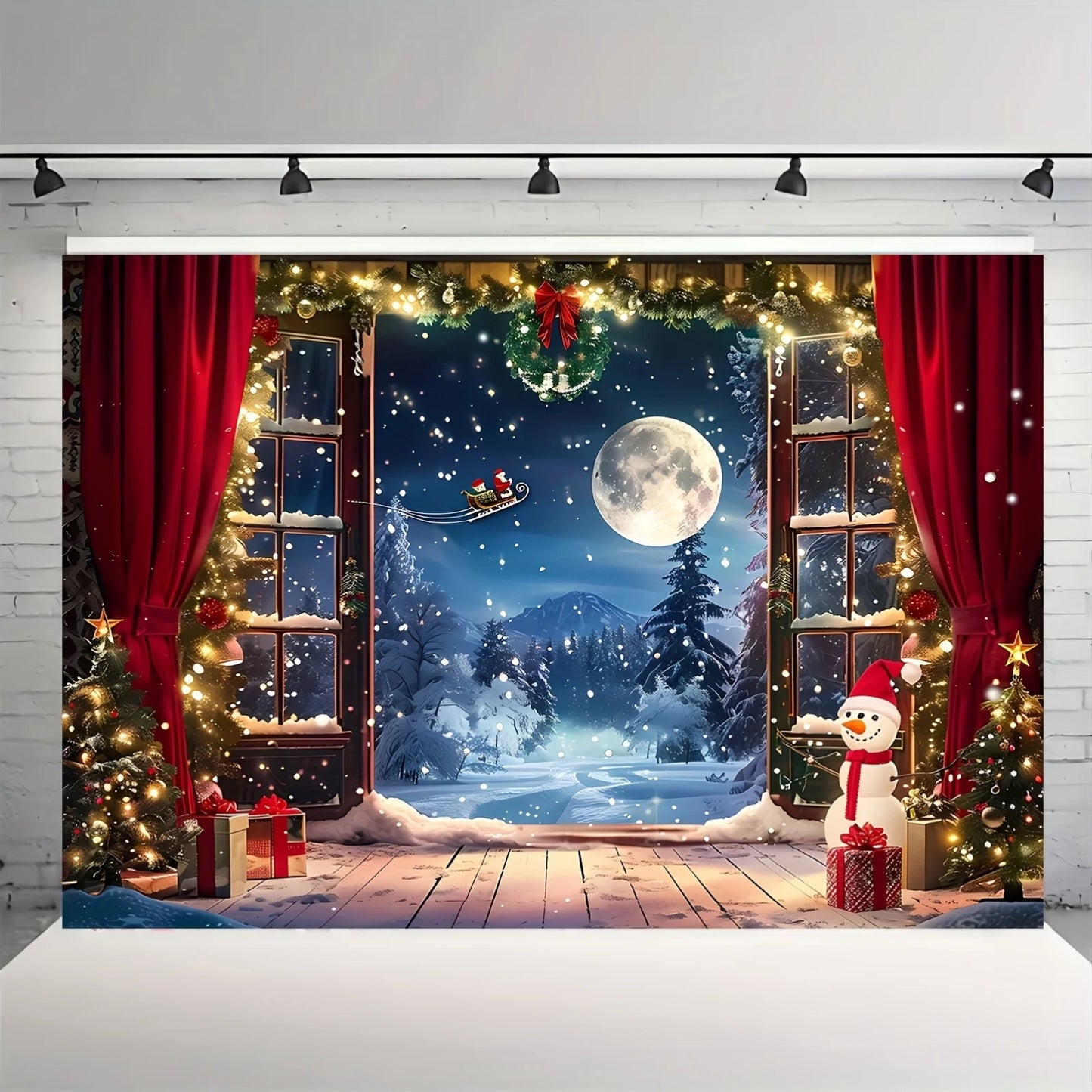 Pano do fundo do Natal, árvore de Natal, Santa Claus, neve e lua, cena noturna, bandeira da fotografia