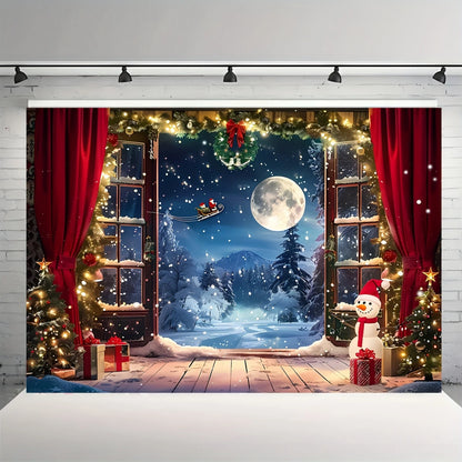 Pano do fundo do Natal, árvore de Natal, Santa Claus, neve e lua, cena noturna, bandeira da fotografia