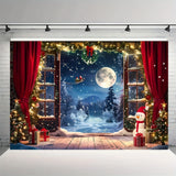 Fondo navideño, árbol de Navidad, Papá Noel, nieve y luna, escena nocturna, pancarta de fotografía 