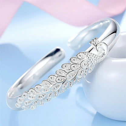 Pavão Pulseira de Abertura Feminina, Prata Esterlina 925, Pulseiras Elegantes, Acessórios Festa de Casamento, Joalheria Presente, Moda, Novo
